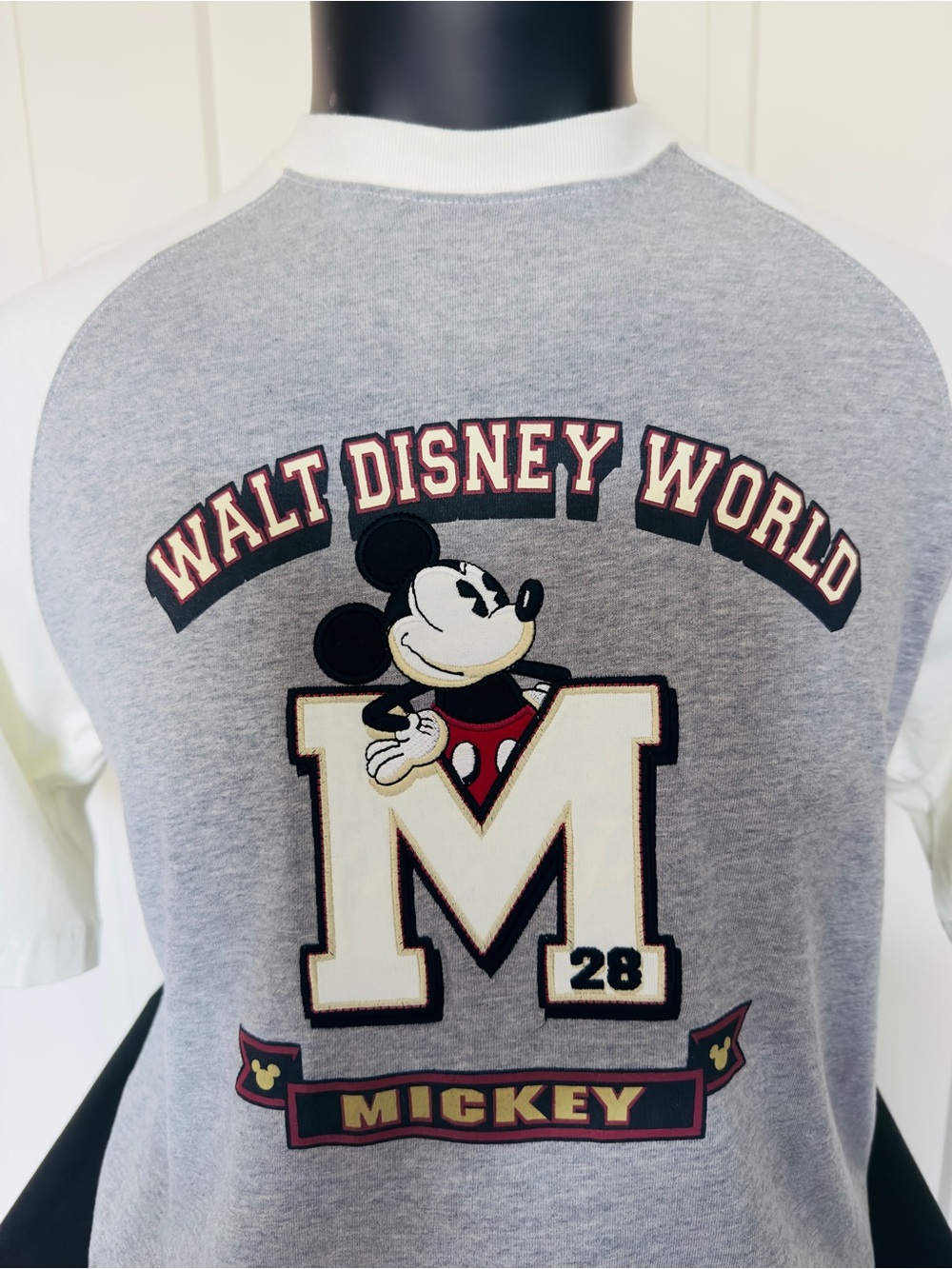 Disney Grey & White Embroidered Mickey Raglan T-Shirt - Med - NWOT